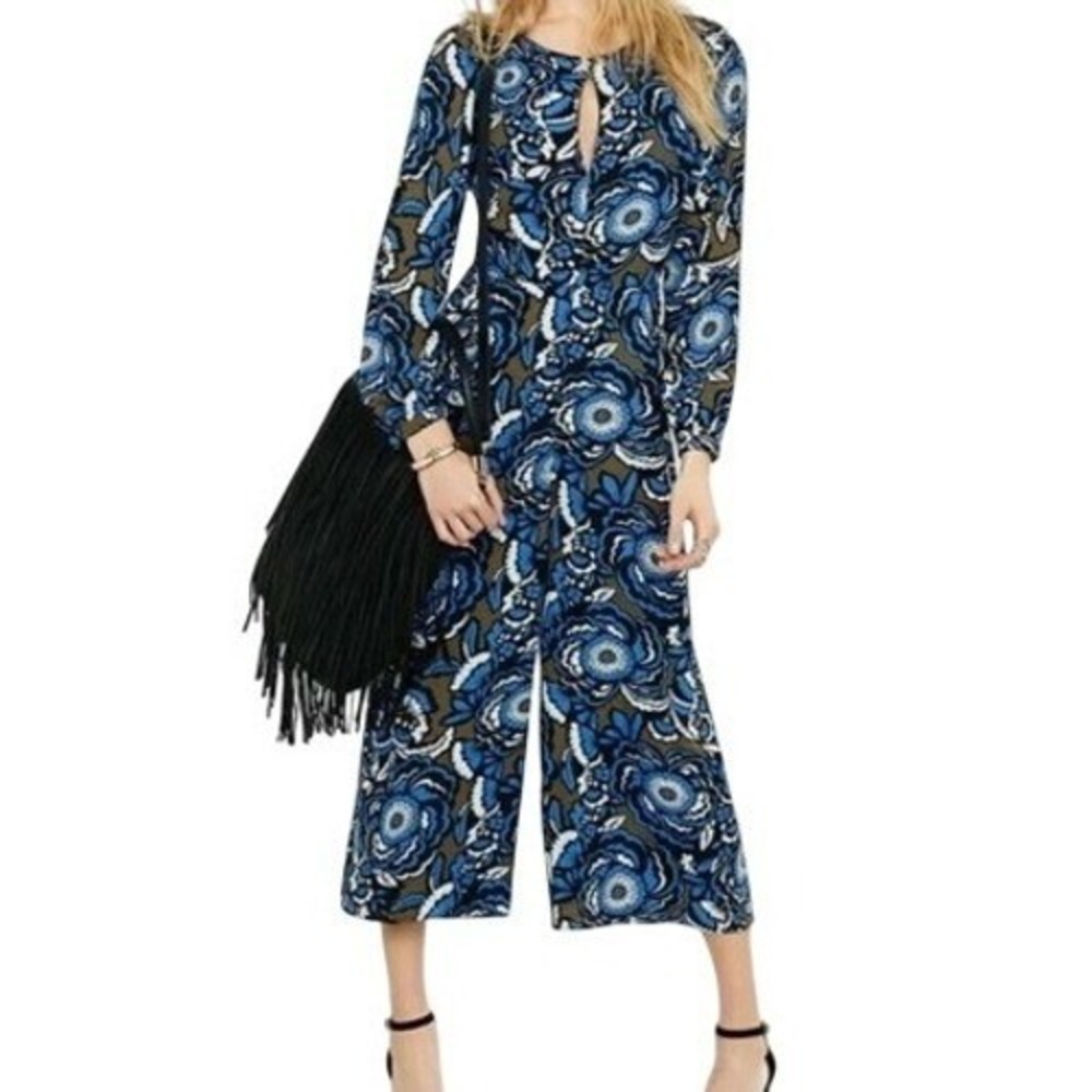 EXPRESS Pop Floral Long Sleeve Wide Leg Blue Olive White Jumpsuit NWOT Size 2